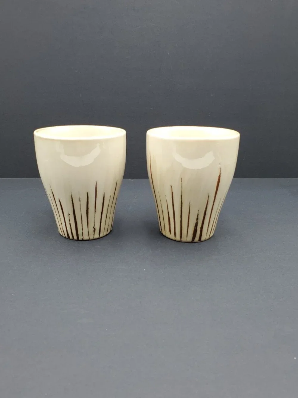 Pier 1 Sanctuary Mugs Tan Stoneware Mugs with Brown Lines